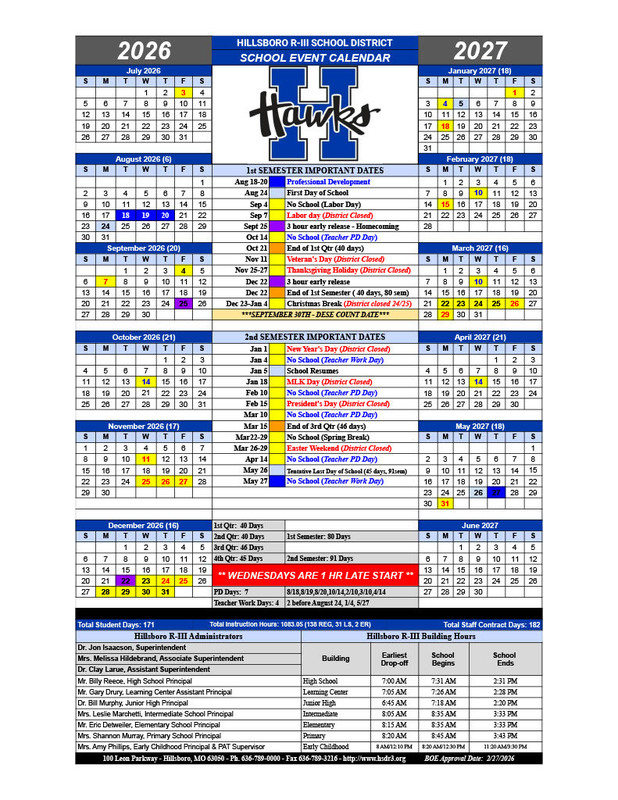 Image of 2026-2027 School Board Approved Calendar