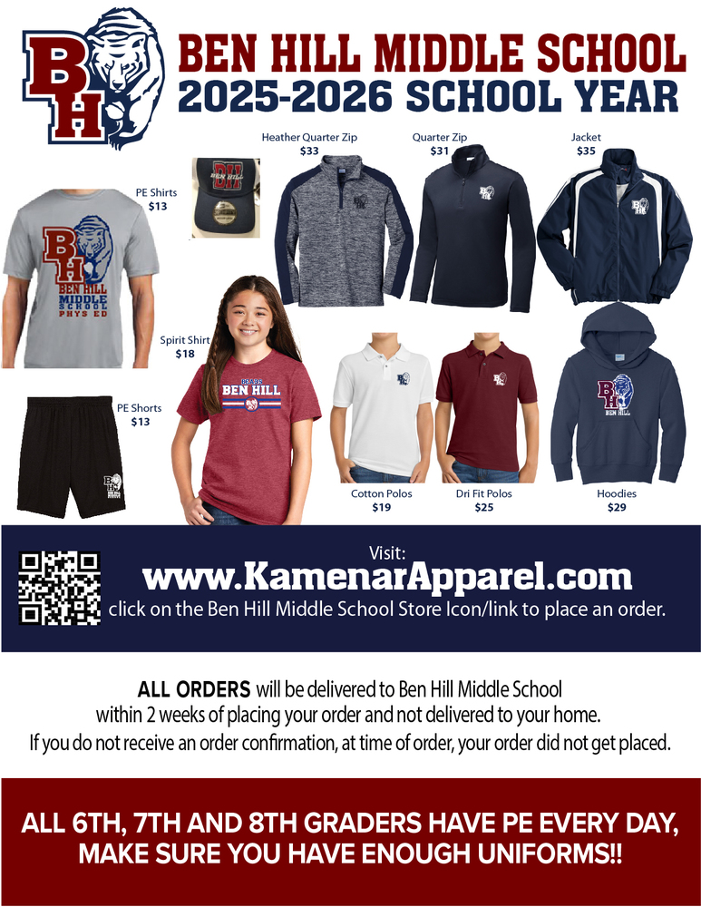 Image that shows information about how to order school uniforms with dates and times. Images of uniform pieces.