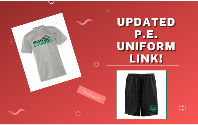 red background; white decor; photo of gray PE tshirt and photo of a pair of black PE shorts