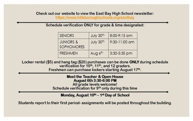 Information on newsletter, schedule verification, lockers, hang tags, and Open House