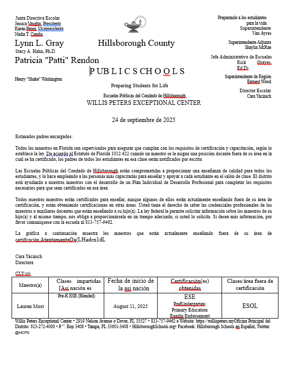 2526 OoF Letter- Spanish