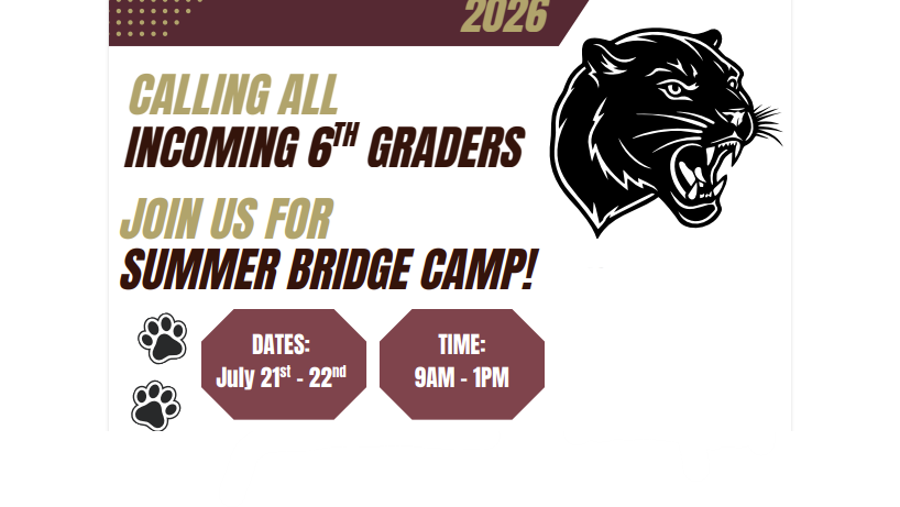Text: Join us for Summer Bridge Camp! with panther head