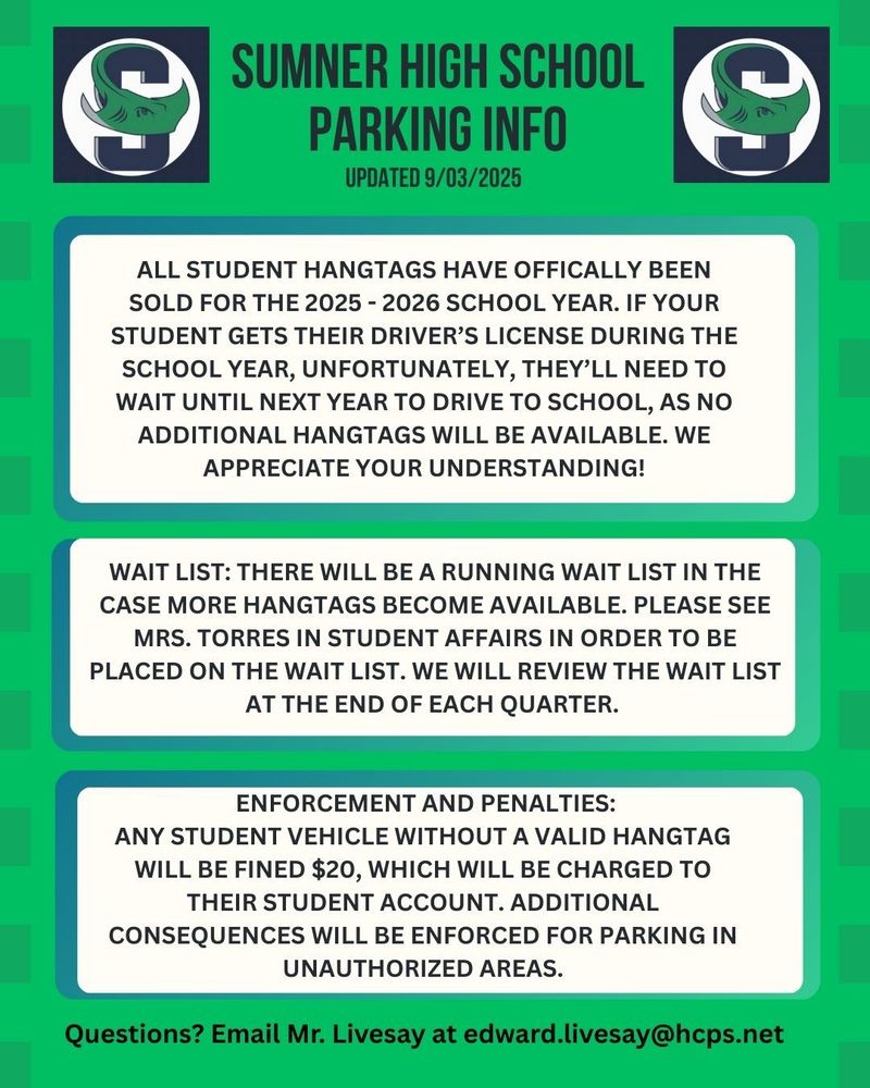 Here’s what you need to know about securing your parking spot for the 2025-2026 school year:  1️⃣ Microsoft Form available July 30th – Link will be shared via Senior Class Canvas page and on the school website.  2️⃣ Pay your $20 parking decal fee on MyPaymentsPlus starting July 30th.  3️⃣ Bring your license, registration, and proof of insurance to Student Affairs to pick up your decal starting July 31st, 8 AM–12 PM.  🎨 Class of 2026 – Want to paint your senior parking spot? Contact the Senior Class Council: 📧 Kimberly.Wines@hcps.net  📩 Questions? Email Mr. Livesay: Edward.Livesay@hcps.net  Let’s get ready for an amazing school year, Stingrays! 💚💙
