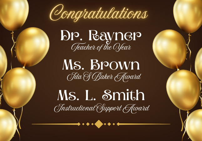 Brown background, gold balloons, gold and yellow letters