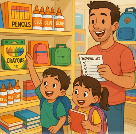 Dad shopping with two children, a child grabs crayons off a shelf while dad holds the school supply list