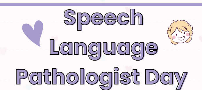 Purple writing with a child's face and purple heart as accents