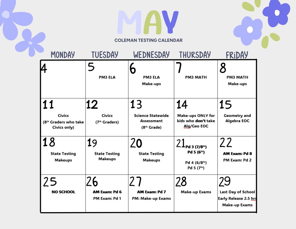 May Testing Calendar