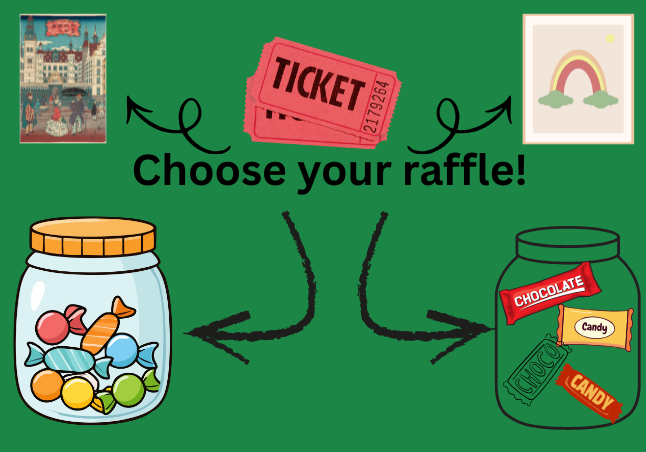 green background; black font; black curved arrows pointing to 2 candy jars and 2 posters; 2 raffle tickets
