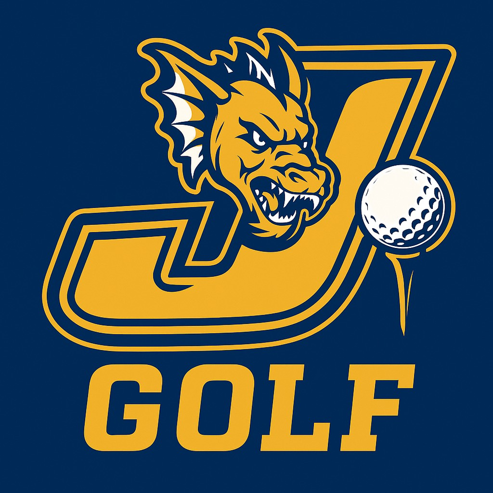 Dragon logo with golf tee in blue and gold