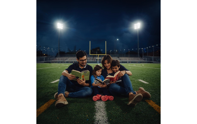 Family Reading on a Football Field at Night
