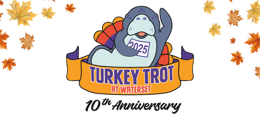 A manatee with turkey feathers behind it with 2025 on his chest for the "Turkey Trot" run