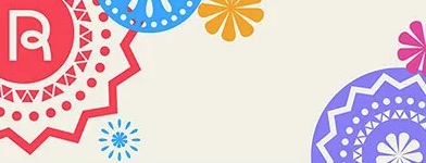 Colorful design with an R in the top left corner