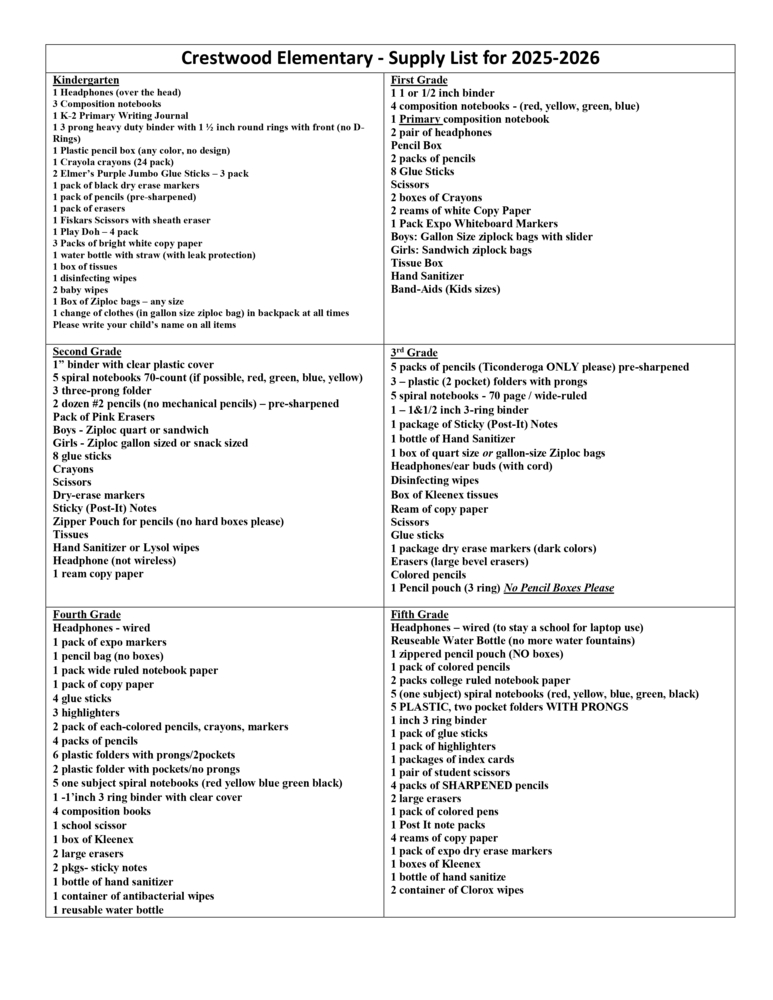 Back to School Supply List