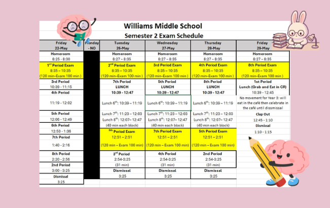 pink background, black and white grid, exam times highlited in yellow; clip art of a brain wearing glasses, holding a book and raising one fist in the air; clip art of a white rabbit wearing glasses, sitting at a table, looking at an open book, also on the  table: a stack of 4 books and a desk lamp; clip art of a brain holding a large pencil