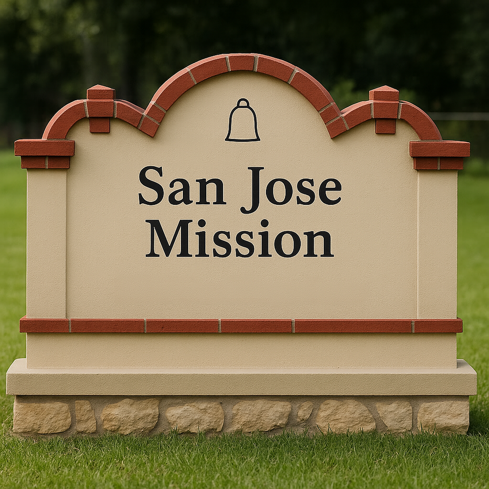 The image shows a freestanding outdoor sign with a beige background and red arch trim, displaying the words "San Jose Mission in large, bold, black sans-serif letters