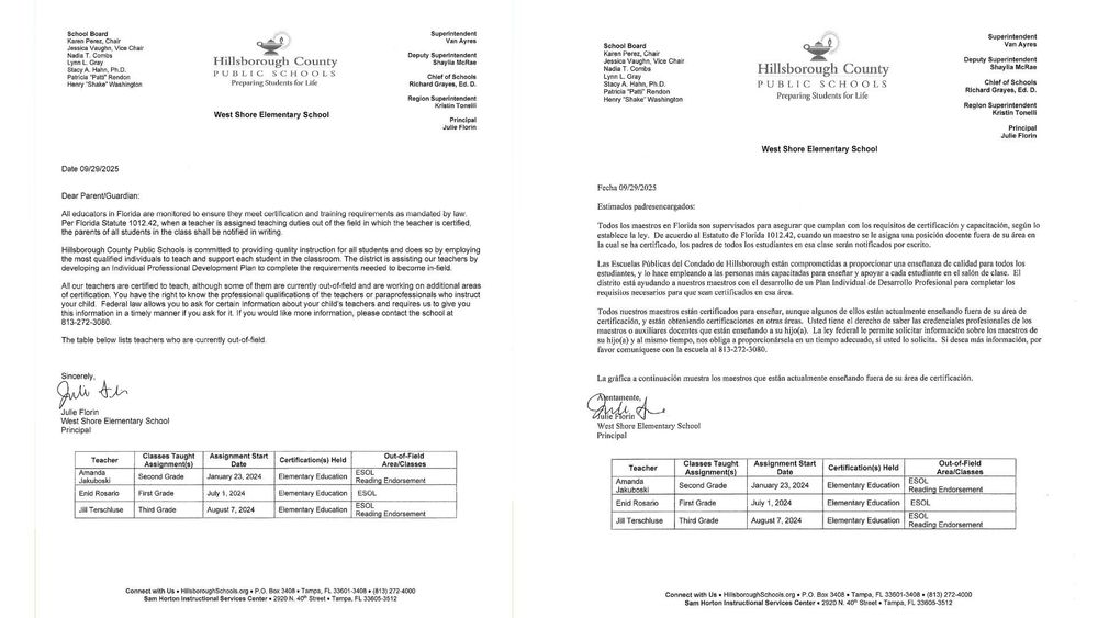 Letters in English and Spanish listing teachers out of field