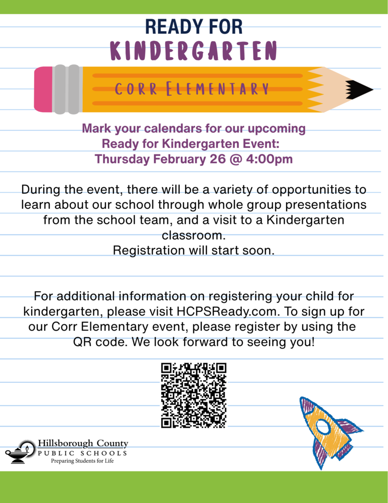 Picture of a pencil with Corr elementary written on it and QR code for ready for kindergarten event