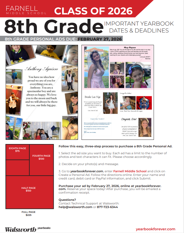 Flyer for 8th grade adds on the yearbook.