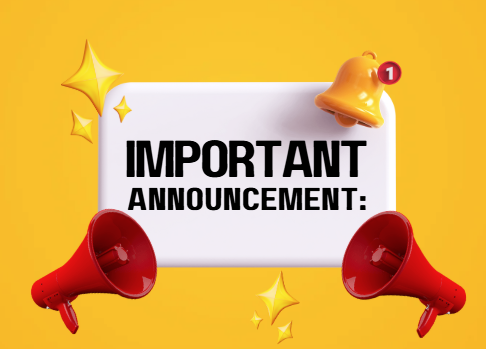 yellow background with a white area in the center reading important announcement two read bull horns at the bottom and a bell in the top right 
