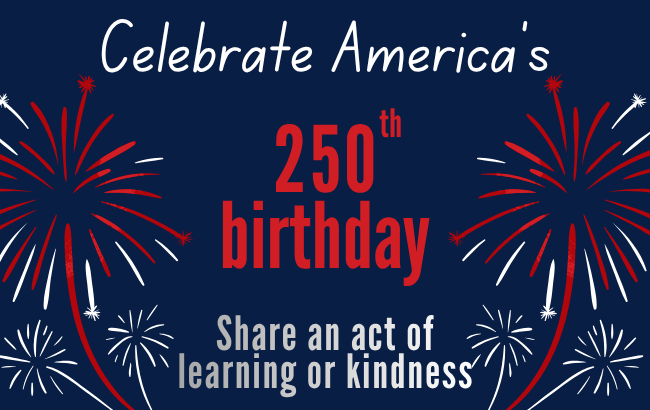 dark blue background; red and white fireworks brusting from the bottom on both sides of the text