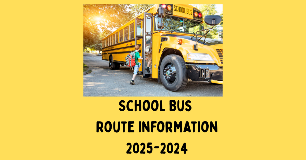 yellow background with yellow bus image with kids getting on the bus. the words "School Bus Route Information 25-24"