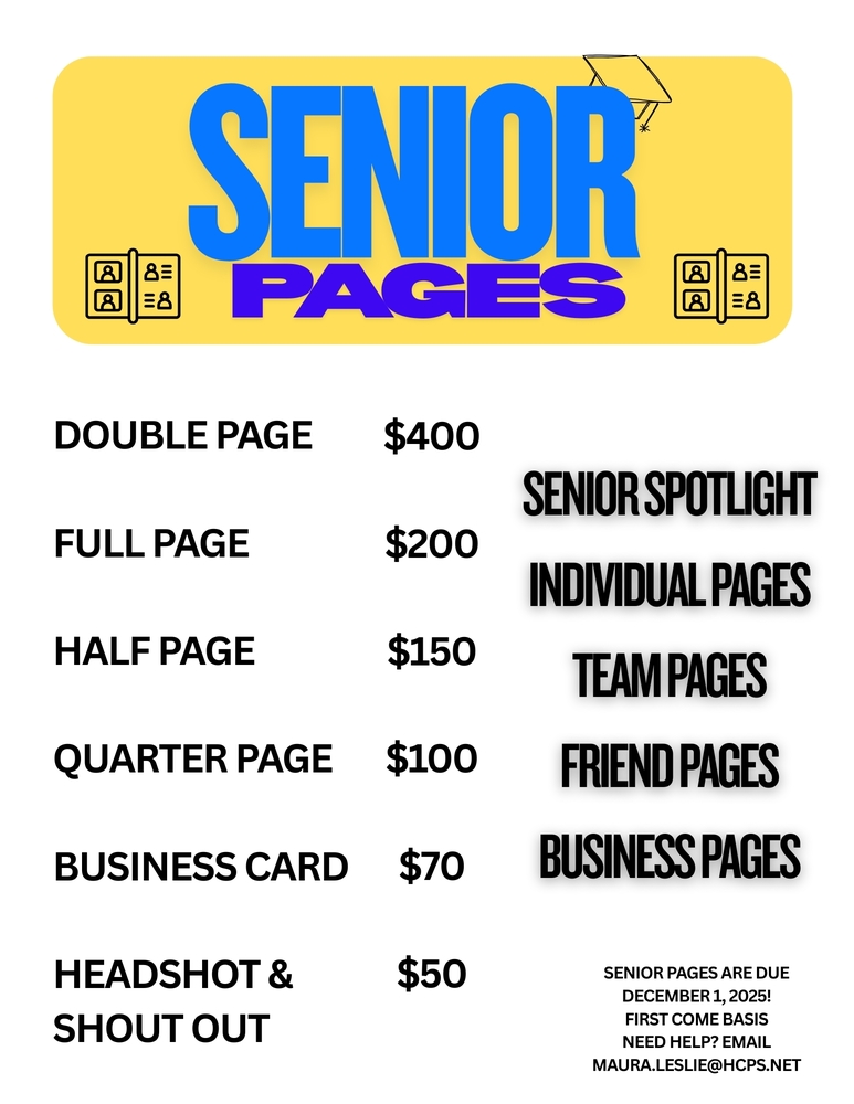 Senior pages for yearbook. Prices range from $50 for headshot & shout out to double page $400.