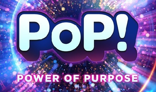 blue and purple background with large white letters POP! 
