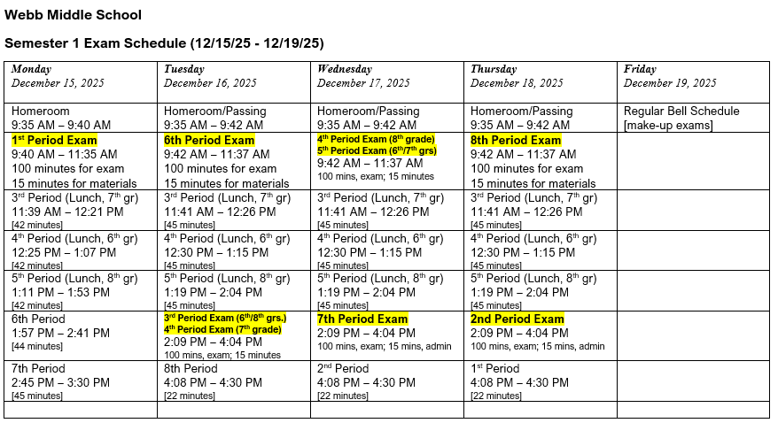 Semester Exam Schedule in a spreadsheet format