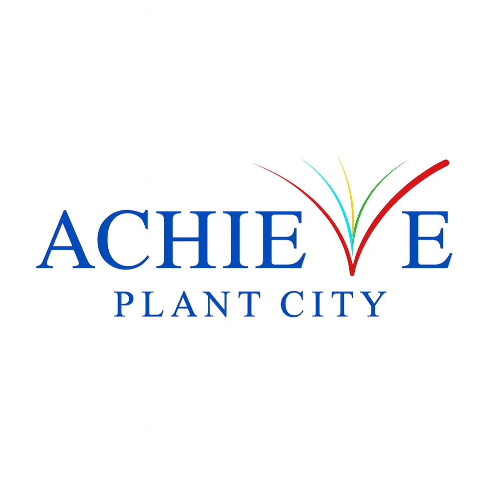 The image shows the logo for Achieve Plant City where the V is shaped out of bright lines shaping an open book.