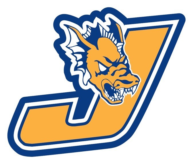 Jefferson high school J with a dragon in blue & gold