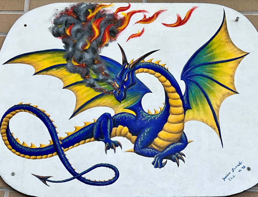 Dragon exhaling fire and smoke with Jefferson colors