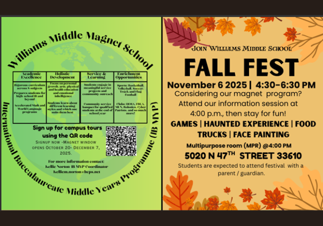 left half: lime green background; globe, black lettering, black chart, QR code; Right side: goldenrod background, autumn leaves on the top and bottom of the page