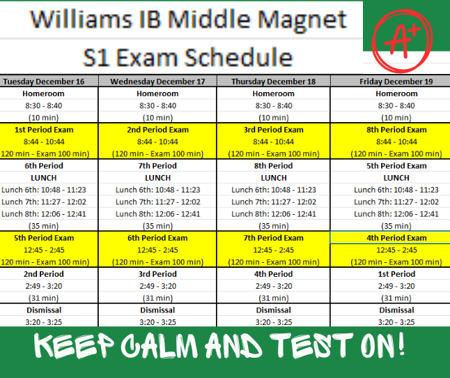 Grid showing the exam schedule; green background; exam times highlighted in yellow