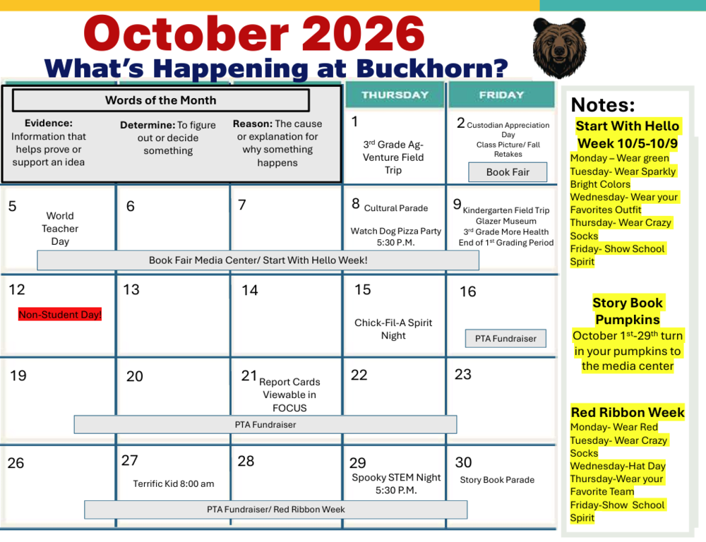 October Calendar with events for each date