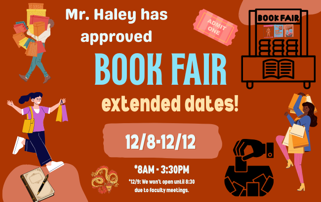 burnt orange background, people with hands full of shopping bags, dragon, hand putting a ticket into a bowl, ticket, journal with pen, book fair cart