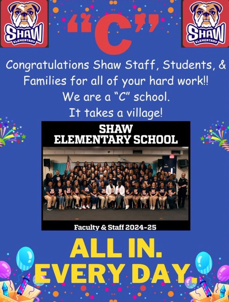 Blue background showing C celebrating Shaw new school grade