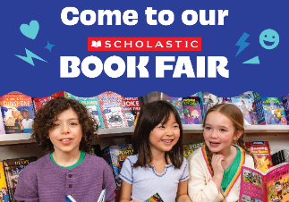Children smiling with books behind them advertising for the Book Fair