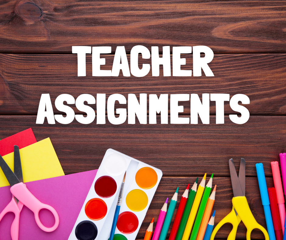 Wooden planks with the word teacher assignments next to school supplies