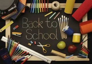 Image that says back to school with school and art supplies around it