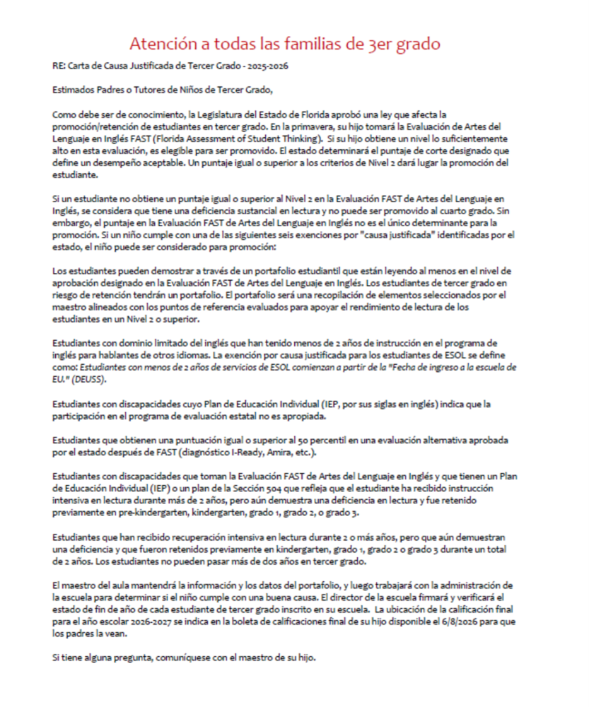 Atención a todas las familias de 3er grado