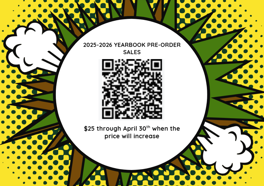 green and brown starburst with a QR code in the middle to order yearbooks 