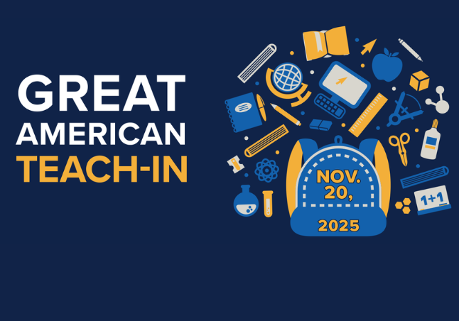 navy blue background, white and goldenrod letters; yellow and blue backpack with school supplies (globe, scissors, glue, apple, protractor, beaker, ruler, glue, laptop, book) appearing to explode out of the top of the backpack
