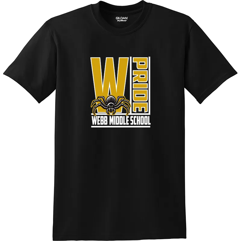 A black tshirt with big W and the word pride in the side with spider image and a Webb Middle School writen on the shirt