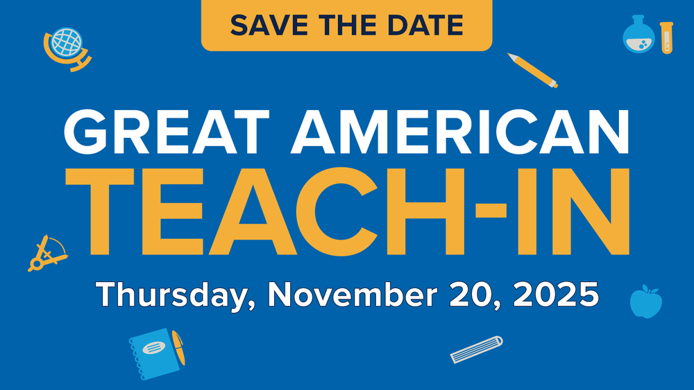 Blue and yellow text that read Great American Teach-In