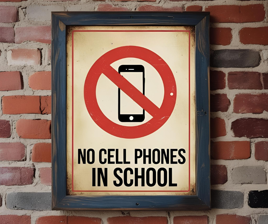 a sign on brick that says no cell phones in school with a cellphone and a red line going across it