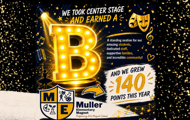 Black background with a gold "B" and it says We took center stage and earned a B