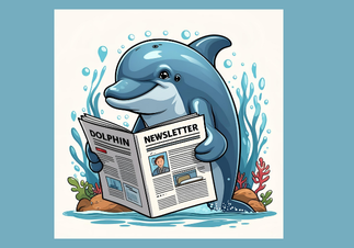 Cartoon dolphin reading a newsletter