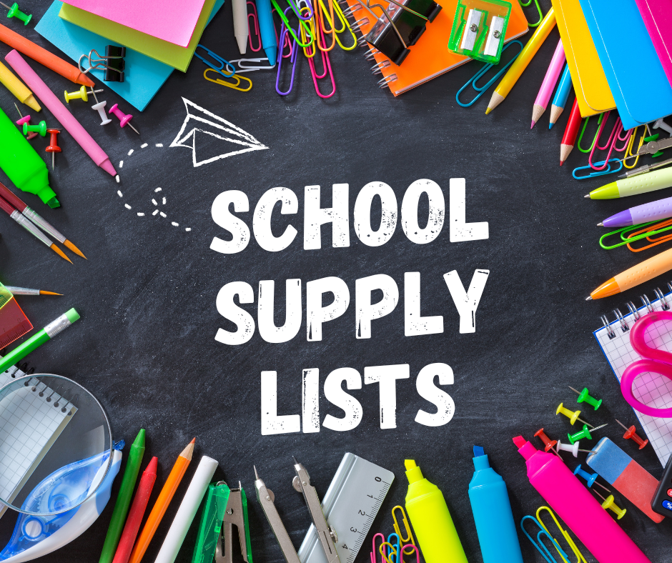 text says school supply list on a blackboard with school supplies around the text.