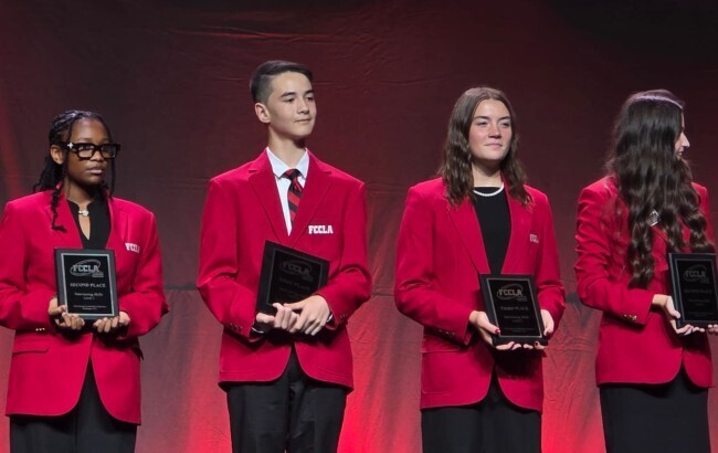 Students in red jackets who earned top placements at the Family, Career and Community Leaders of America (FCCLA) National Leadership Conference held recently in Washington, DC.