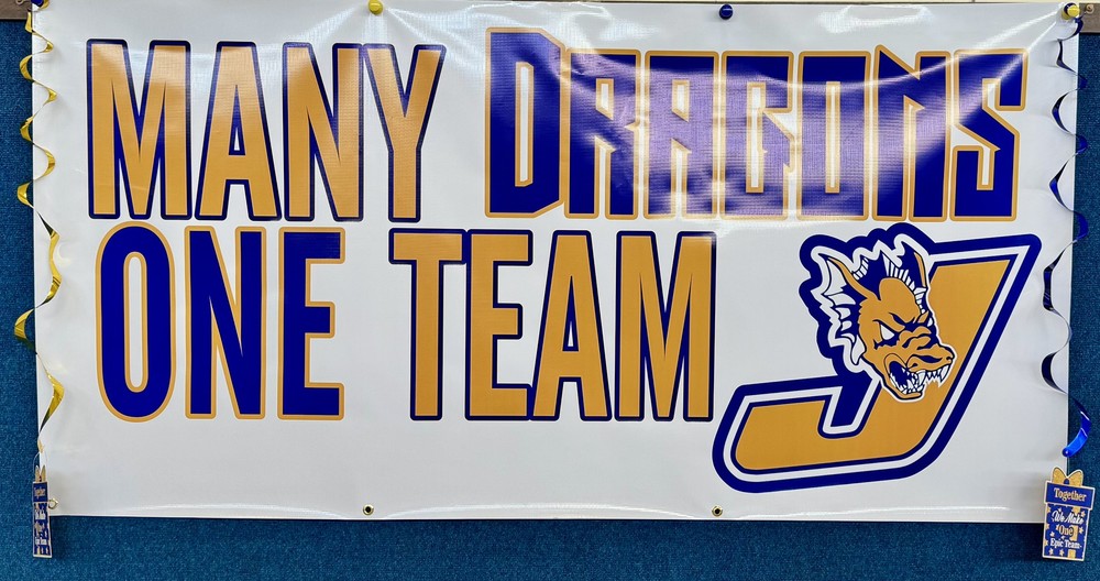 Blue & Gold Banner stating, "Many Dragons, One Team!